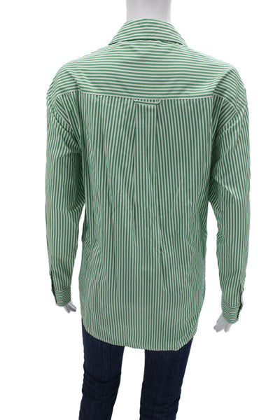 Elan Women Basic Striped Green Collared Long Sleeve Button-Up Top Size S