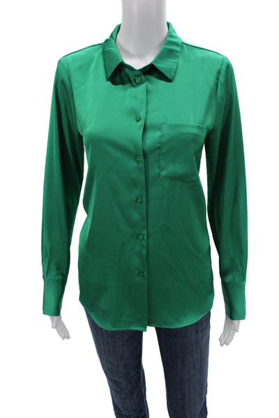 Aqua Women Collared Long Sleeve Button Up Blouse Green 100% Polyester Size M