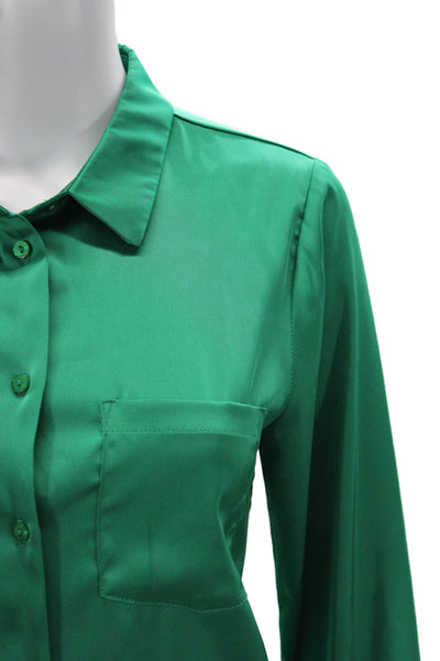 Aqua Women Collared Long Sleeve Button Up Blouse Green 100% Polyester Size M