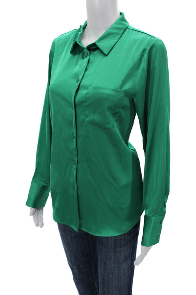 Aqua Women Collared Long Sleeve Button Up Blouse Green 100% Polyester Size M