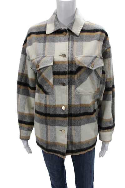 Zara Womens Beige Plaid Collared Long Sleeve Jacket Wool Blend Size S