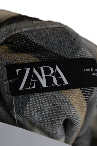 Zara Womens Beige Plaid Collared Long Sleeve Jacket Wool Blend Size S