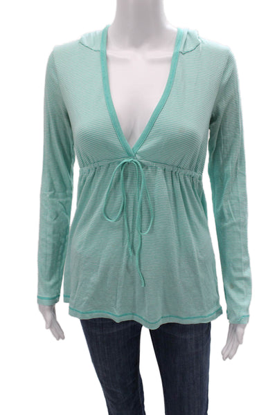Splendid Women Tunic Hoodie V-Neck Striped Light Blue Long Sleeve Size M