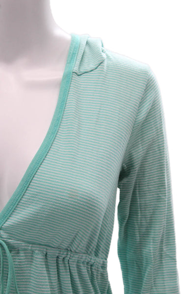 Splendid Women Tunic Hoodie V-Neck Striped Light Blue Long Sleeve Size M