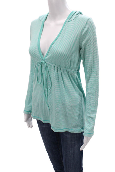 Splendid Women Tunic Hoodie V-Neck Striped Light Blue Long Sleeve Size M