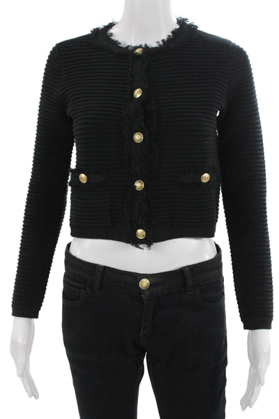 J Crew Women Black Striped Cotton Blend Button Jacket Crew Neck Size 2XS