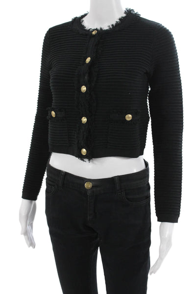 J Crew Women Black Striped Cotton Blend Button Jacket Crew Neck Size 2XS