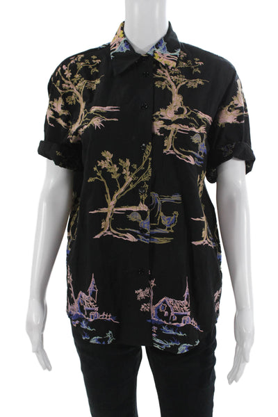 Zara Unisex Button-Down Collared Short Sleeve Black Polyester Shirt Size XS