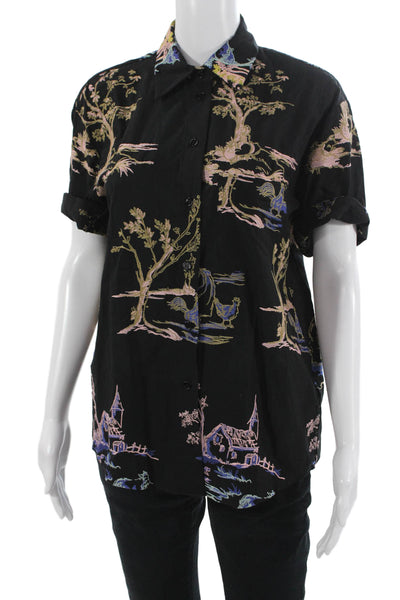 Zara Unisex Button-Down Collared Short Sleeve Black Polyester Shirt Size XS