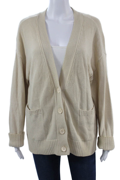 525 Unisex Cardigan V-Neck Button 100% Cotton Beige Long Sleeve Size M
