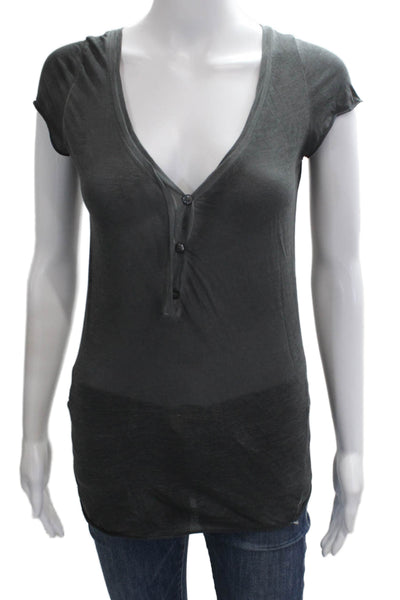 Avant Toi Women Basic Dark Gray Cotton V-Neck Cap Sleeve T-Shirt Size S