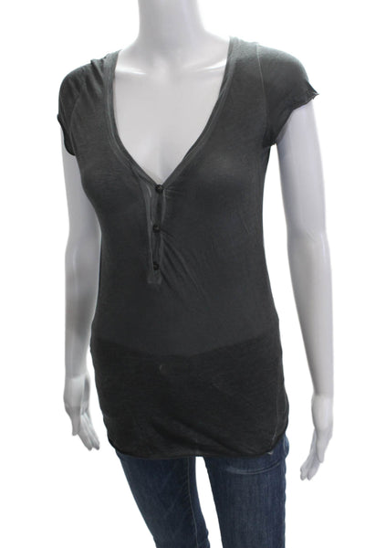Avant Toi Women Basic Dark Gray Cotton V-Neck Cap Sleeve T-Shirt Size S