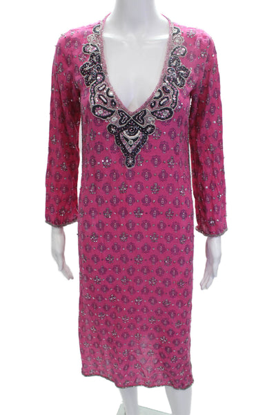 Calypso Saint Barth Women Kaftan Pink Paisley V-Neck Long Sleeve Cotton Size S