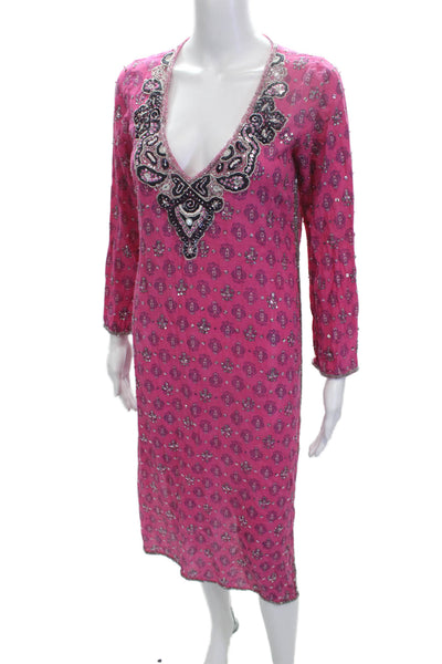Calypso Saint Barth Women Kaftan Pink Paisley V-Neck Long Sleeve Cotton Size S