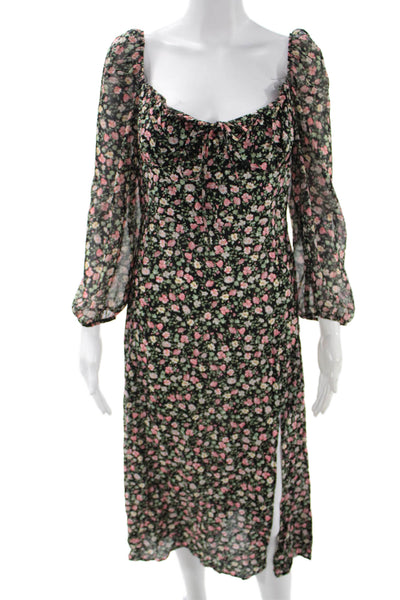 Zara Women Maxi Floral Black Dress Square Neck Long Sleeve Viscose Size L