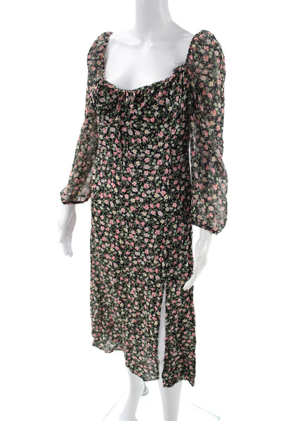 Zara Women Maxi Floral Black Dress Square Neck Long Sleeve Viscose Size L
