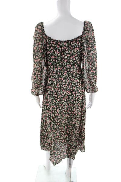 Zara Women Maxi Floral Black Dress Square Neck Long Sleeve Viscose Size L