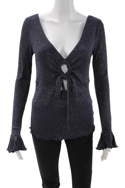 Intimately Free People Women V-Neck Long Sleeve Sweater Dark Blue Tie Size M
