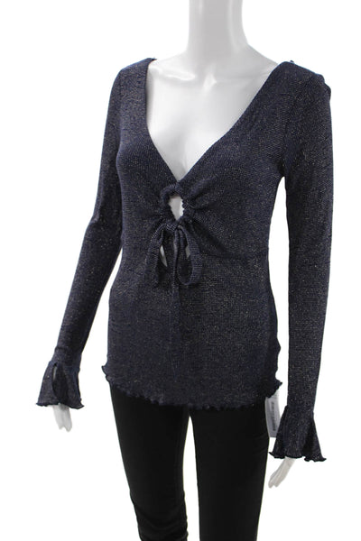 Intimately Free People Women V-Neck Long Sleeve Sweater Dark Blue Tie Size M