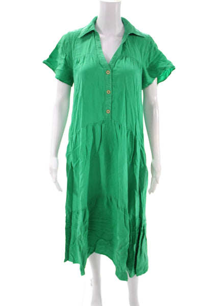Zara Women Shirt Dress Green Collared Short Sleeve Mid-Calf Lyocell Size S