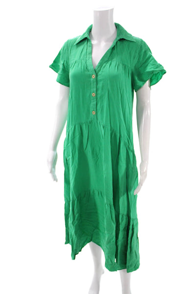 Zara Women Shirt Dress Green Collared Short Sleeve Mid-Calf Lyocell Size S