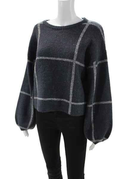 Z Supply Unisex Pullover Sweater Dark Blue Check Crew Neck Long Sleeve Size S