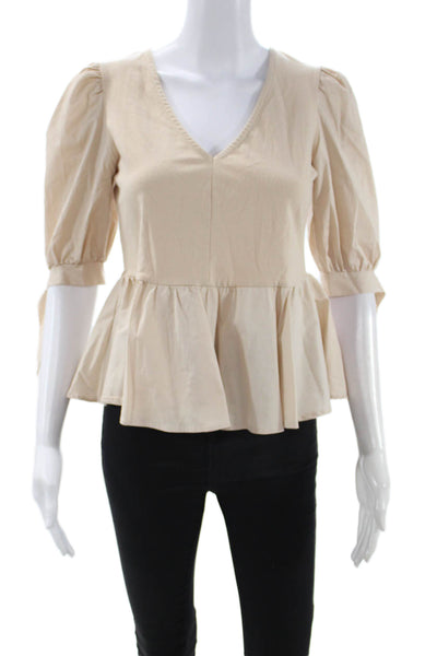 Aqua Women Peasant V-Neck Solid 3/4 Sleeve Blouse Beige Size S