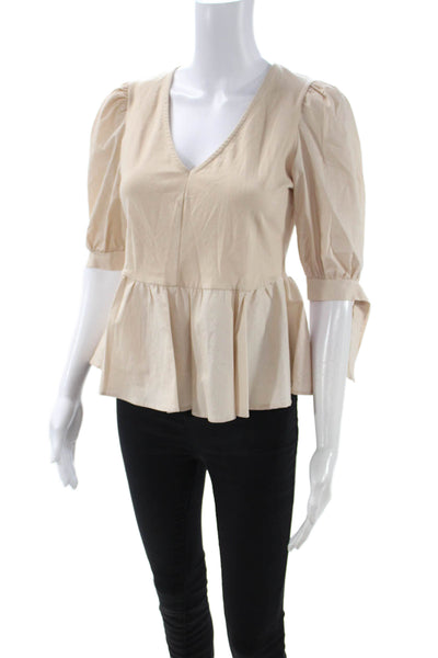 Aqua Women Peasant V-Neck Solid 3/4 Sleeve Blouse Beige Size S