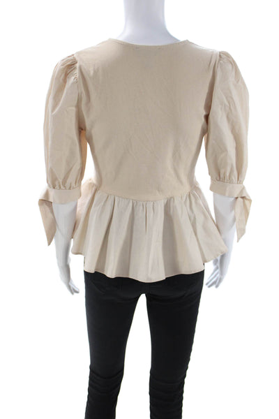 Aqua Women Peasant V-Neck Solid 3/4 Sleeve Blouse Beige Size S