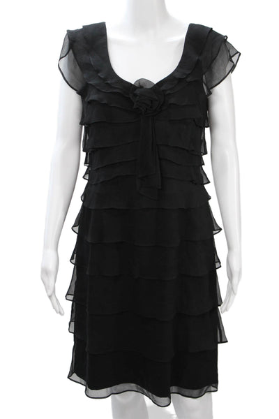 Tahari Levine Womens Silk Shift Dress Black Short Sleeve Tie Waist Size 8