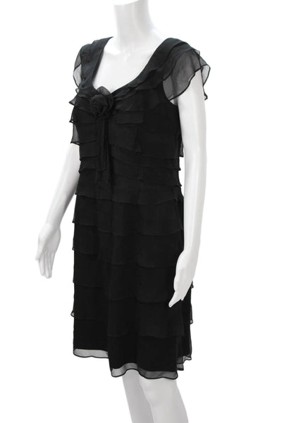Tahari Levine Womens Silk Shift Dress Black Short Sleeve Tie Waist Size 8