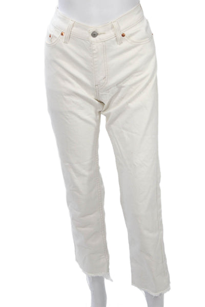 Levis Unisex Cropped Straight White Jeans Button Cotton Mid Rise Size 30