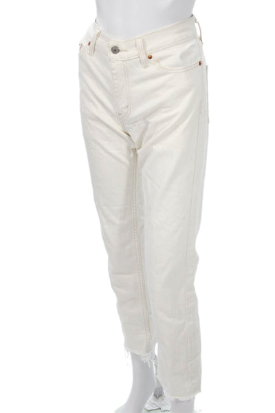 Levis Unisex Cropped Straight White Jeans Button Cotton Mid Rise Size 30