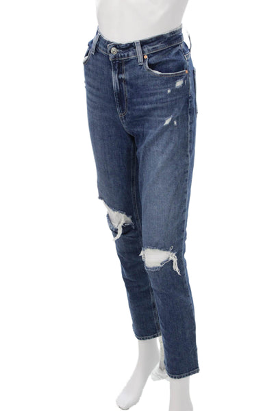 Paige Womens Cropped Straight Jeans Dark Blue Mid Rise Button Inseam 29 Size 27
