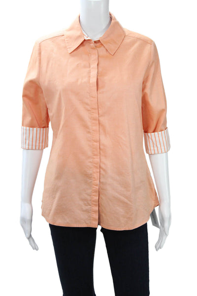 Perlavera Womens Basic Collared Button-Up Cotton 3/4 Sleeve Orange Size M