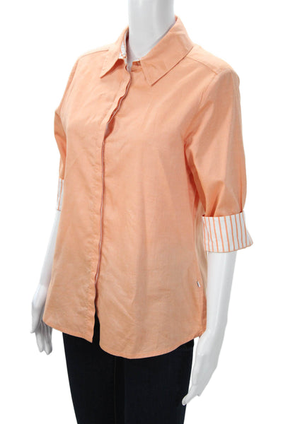 Perlavera Womens Basic Collared Button-Up Cotton 3/4 Sleeve Orange Size M