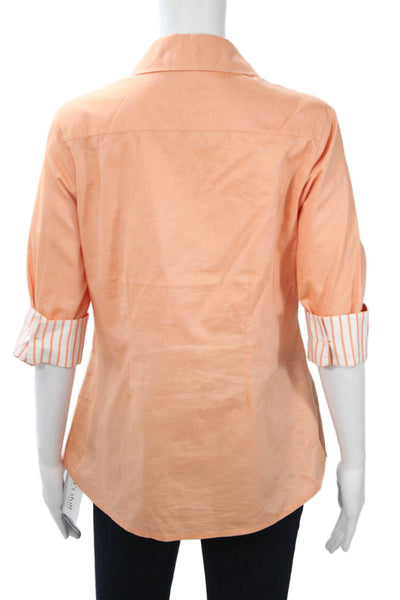 Perlavera Womens Basic Collared Button-Up Cotton 3/4 Sleeve Orange Size M