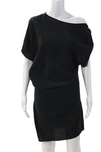 Zara Women Shift Dress Black Modal Polyester Zip Solid Mid-Calf Classic Size XS
