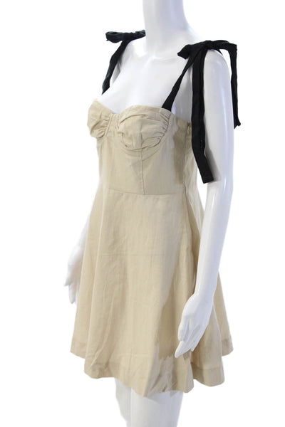 Zara Women A-Line Sundress Beige Linen Sleeveless Tie Bohemian Size S