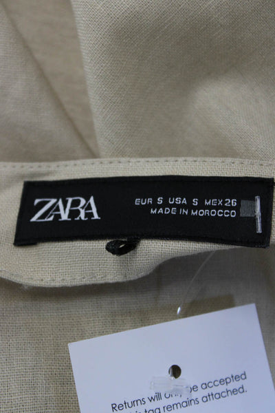 Zara Women A-Line Sundress Beige Linen Sleeveless Tie Bohemian Size S