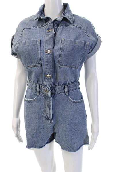 Zara Womens Collared Short Sleeve Blue Jumpsuit Cotton Size XS