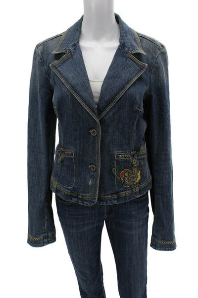 DKNY Jeans Womens Dark Blue Cotton Spandex Collared Button Blazer 90s Size L