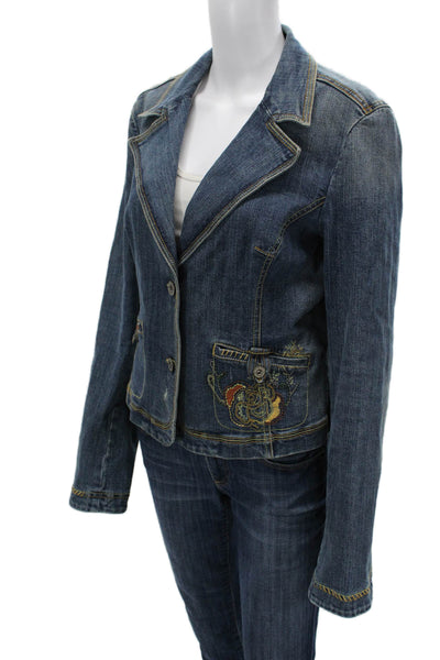 DKNY Jeans Womens Dark Blue Cotton Spandex Collared Button Blazer 90s Size L