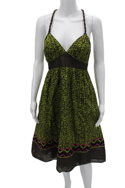 Donna Morgan Women Green Aztec V-Neck Sundress Cotton Sleeveless Zip Size 6
