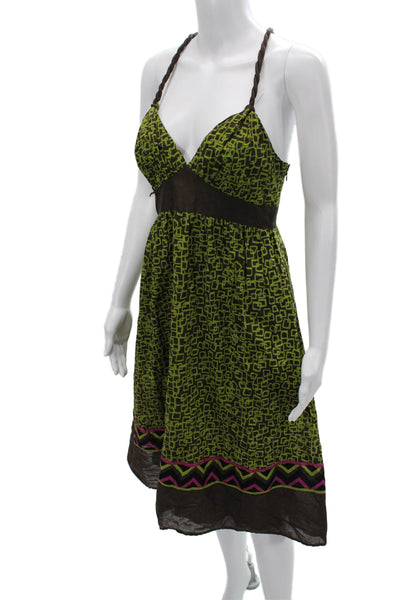 Donna Morgan Women Green Aztec V-Neck Sundress Cotton Sleeveless Zip Size 6
