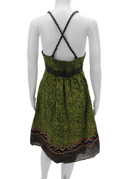 Donna Morgan Women Green Aztec V-Neck Sundress Cotton Sleeveless Zip Size 6