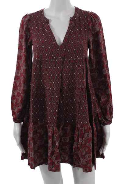 Maeve Anthropologie Womens Paisley V-Neck Shift Dress Brown Long Sleeve Size S