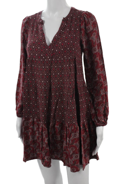 Maeve Anthropologie Womens Paisley V-Neck Shift Dress Brown Long Sleeve Size S