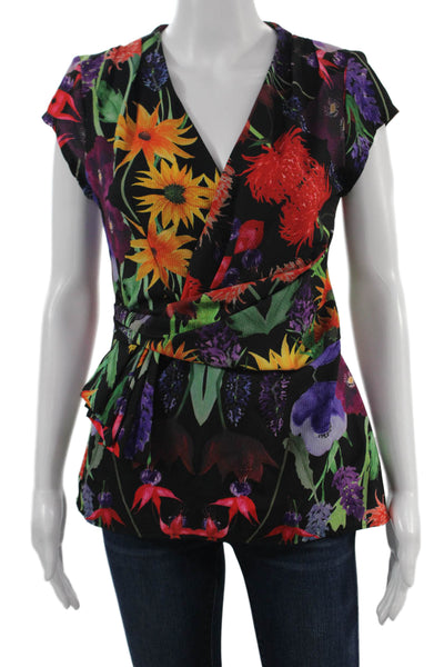 Eva Franco Womens Floral V Neck Short Sleeve Black Polyester Blouse Size 6