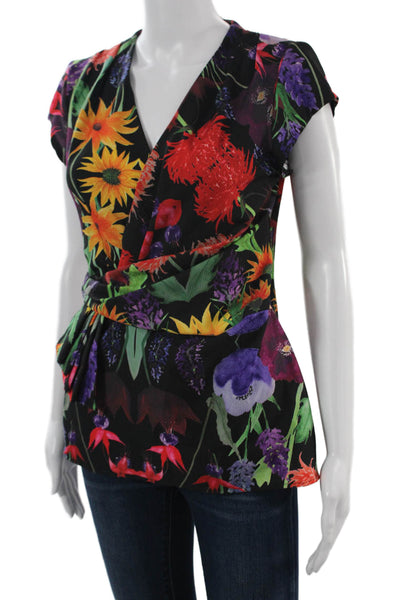 Eva Franco Womens Floral V Neck Short Sleeve Black Polyester Blouse Size 6
